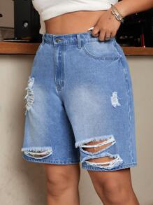 SHEIN EZwear Plus Size Distressed Fashionable Summer Denim Shorts - Blue - View 4