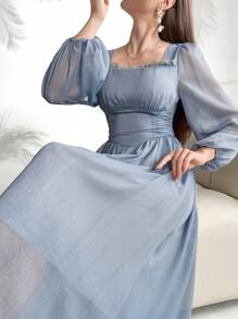 Modelyn Women's Summer Elegant Solid Color Lantern Sleeve Cinched Waist Dress - Dusty Blue - View 1