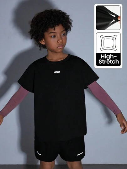 SHEIN Tween Boy Knitted Printed T-Shirt With Detachable Sleeves And Anti-Glare Shorts Inside, Casual 3-Piece Set