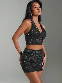Hauture Two Pieces Rhinestone Halter Crop Top & Mini Skirt - Black - View 5