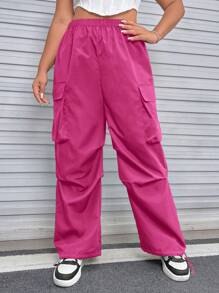 SHEIN EZwear Plus Size Nữ Màu Trơn Đơn Giản Hàng Ngày Quần, Quần Dù - Màu Hồng Tươi - Xem 6