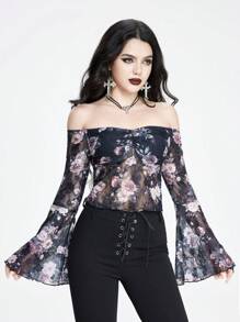 ROMWE Goth Sexy & Romantic Roses Digital Printing Lace Off Shoulder Top For Women - Multicolor - View 6