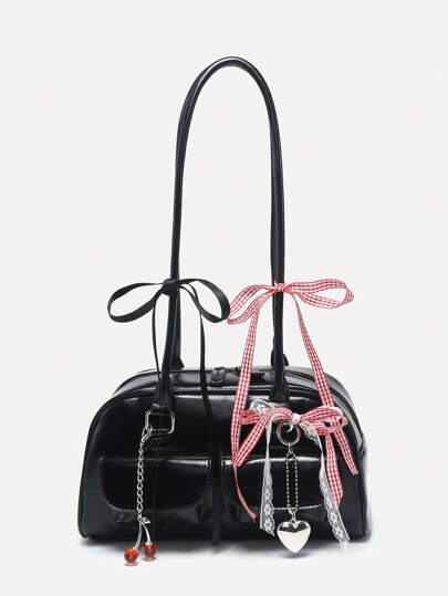 Retro, süßer Stil Damen Karierte Schultertasche mit Schleife, Kirsch- und Herzdekorationen, mehrere Taschen und Reißverschluss, Boston-Bag, Schule, Kawaii Kirsch-Elemente