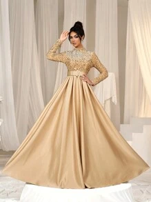 Faeriesty Women Elegant Women's Luxurious Ball Gown Evening Dress With Elegant Stand-Up Collar, Dazzling Sparkly Sequin Embellished Bodice, And Wide Waist-Defining Sash Belt, Sophisticated Fitted A-Line Silhouette For Grand Formal Occasions, Sparkling Full-Length Gown For Wedding Anniversary Gala, New Year's Eve Formal Dinner, Holiday Season Celebration, Red Carpet Awards Event, And Grand Opera Night New Year Outfit,Summer Holiday Outfits - Champagne - View 5