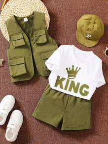 SHEIN Teen Boy Summer Solid Color Multi-Functional Pocket Vest With Letter Print Round Neck Short Sleeve T-Shirt And Shorts Casual Outfit