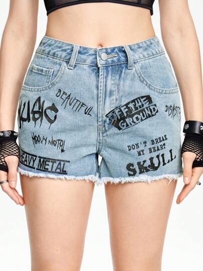 Grunge Punk Shorts de mezclilla de mujer con dobladillo deshilachado e impresión de letras con bolsillos, casual