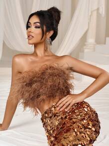 Faeriesty Elegant Stylish Tube Top & Sequin Slit Back Skirt