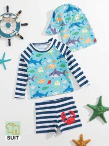 Baby Boy Striped & Cartoon Graphic Beach Swimsuit & Cap - Blue - View 1