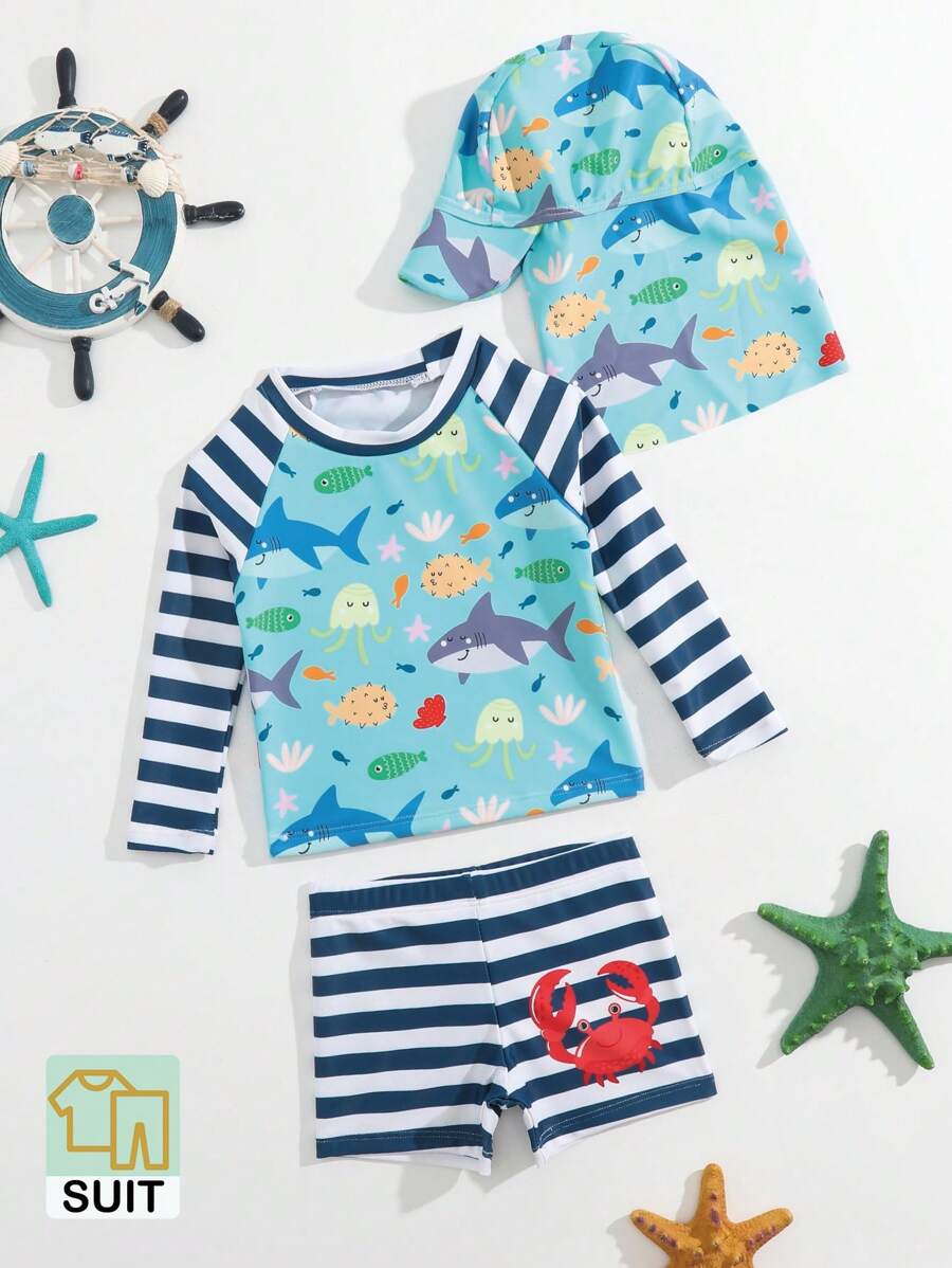 Baby Boy Striped & Cartoon Graphic Beach Swimsuit & Cap - Blue - View 1