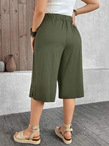 EMERY ROSE Plus Size Solid Color Casual Loose Wide Leg Capri Pants - Army Green - View 2