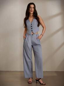 Aveloria Modichic 3pcs Lady's Summer Commuting Style Solid Color Suit Set For Work, Including Jacket, Vest And Pants - Grey - View 2