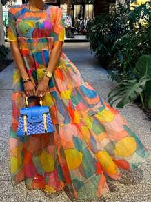 SHEIN Clasi Của phụ nữ In Hình học Vòng cổ Ngắn tay Xù Hoa Sen Đầm Midi - Nhiều màu - Xem 1