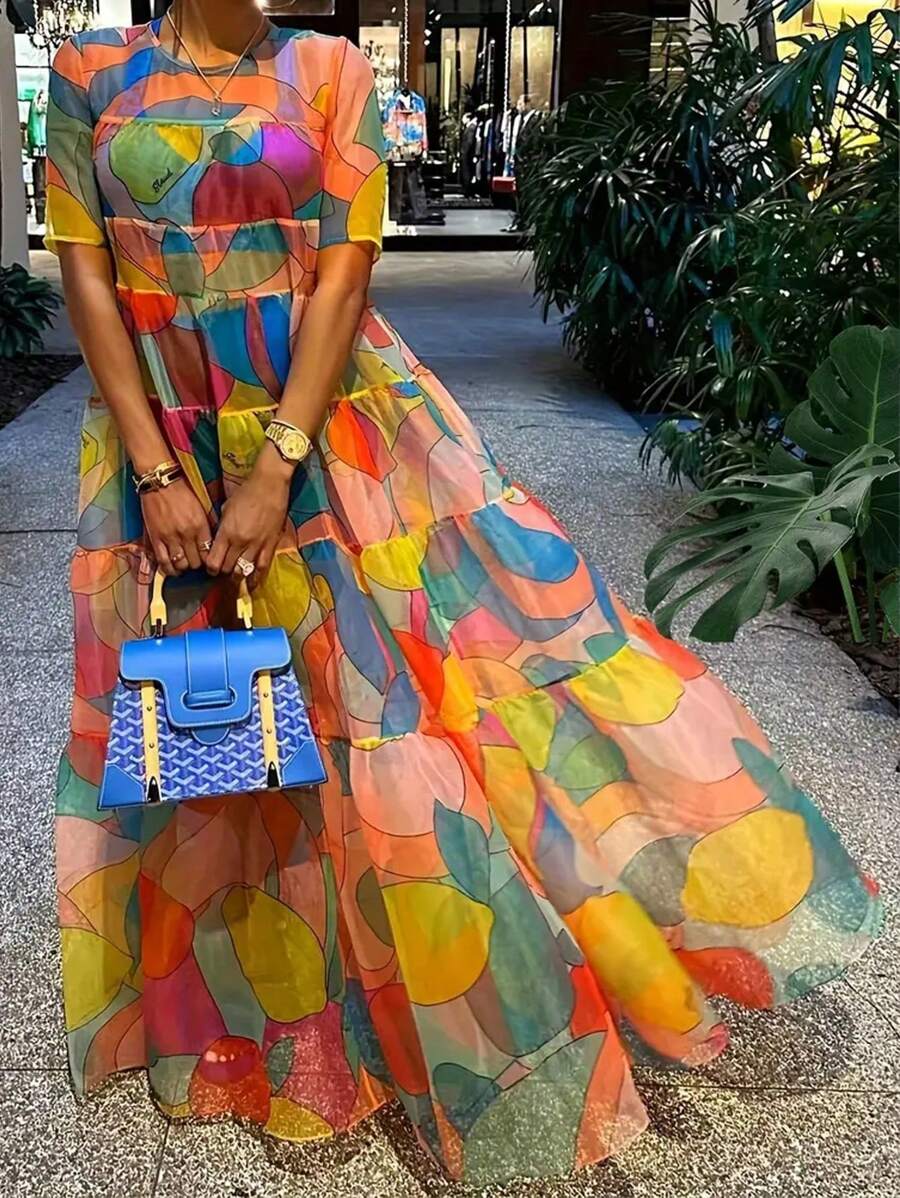 SHEIN Clasi Của phụ nữ In Hình học Vòng cổ Ngắn tay Xù Hoa Sen Đầm Midi - Nhiều màu - Xem 1