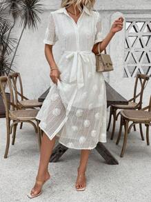 SHEIN LUNE 3D Flower Striped Gauze Shirt Dress - White - View 6