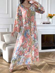 Yasmyna Robe longue modeste arabe élégante à manches longues avec imprimé floral et appliqué, décolleté en V pour femme, pour l'été