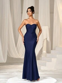 Faeriesty Backless Mermaid Hem Tube Formal Dress Elegant Prom Evening Wedding Guest Gown, For Graduation, Dinner Party Dress - Màu xanh hải quân - Xem 3