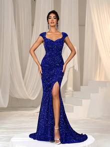 Faeriesty Vestido formal de cola de sirena con escote de corazón, mangas cortas y lentejuelas - azul real - Ver 3