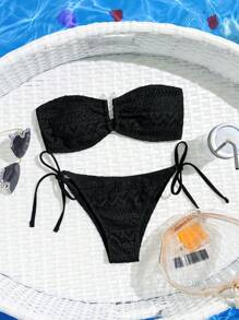 SHEIN Swim Conjunto de bikini bandeau de unicolor en forma de U con anillo conectado para mujer, conjunto de bikini sexy de dos piezas, hecho de tela especial para la playa de verano - Negro - Ver 6