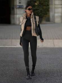 EURMUSE Zip Up Pocket Padded Vest With Pocket - Beige - View 3