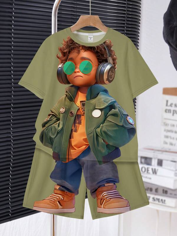 SHEIN Tween Boy Casual & Simple Cartoon Handsome Cool Boy Pattern Short Sleeve Round Neck 2pcs Set Suitable For Summer