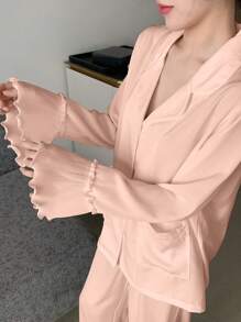 DAZY Satin Splicing Ruffle Hem Wave Lace Pajama Set - Baby Pink - View 3