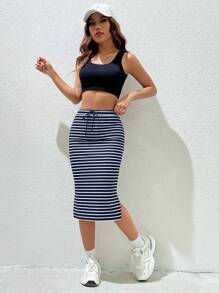 SHEIN EZwear 海軍藍條紋針織女裙 - 藏蓝色 - 查看 4