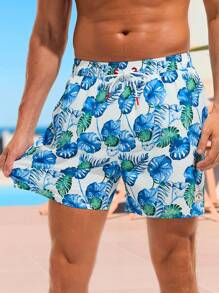 Surfspeed Men's Tropical Plant Printed Drawstring Waist Loose Beach Shorts, Vacation - Blue - View 4