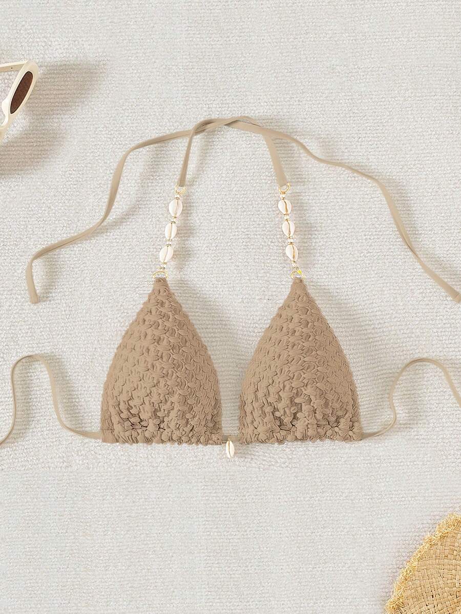 SHEIN Swim 女士純色騎士頸分割比基尼上衣，夏季時尚款式 - 卡其色 - 查看 1