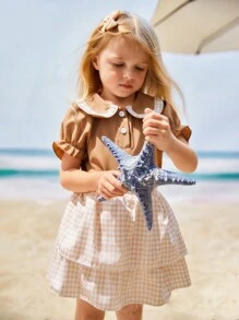 SHEIN Mädchen Urlaubsstil Set mit gerüschtem Kragen Bluse und kariertem, geschichtetem Rock, 2-teilig, Sommer