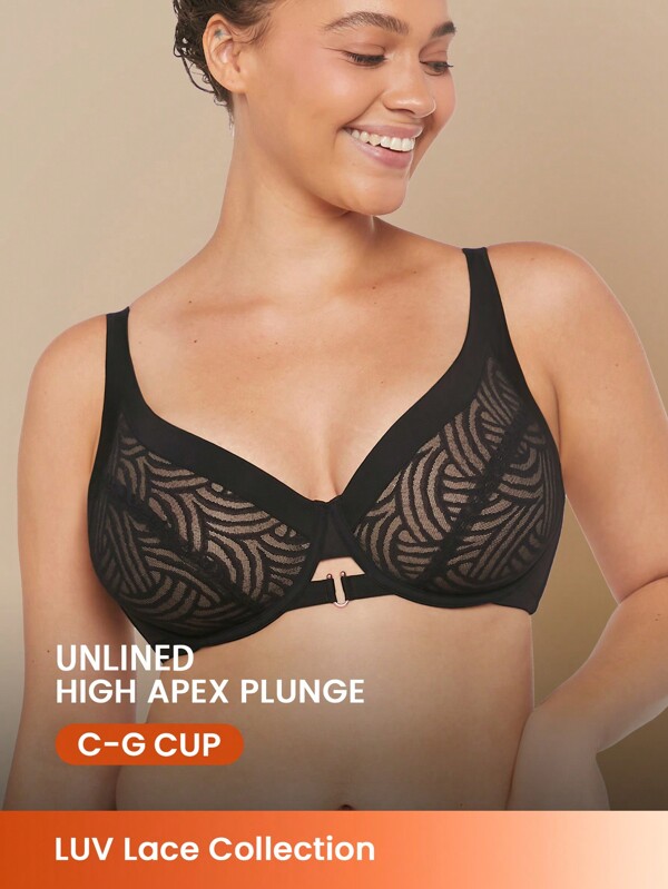 LUVLETTE Lingerie Lounge Curve Plunge High Apex Underwire Lace Black Minimizer Bra