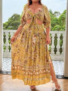 Breezaya Plus Size Floral Print Vacation Casual Tie-Front Crop Top With Side Slit Skirt Set