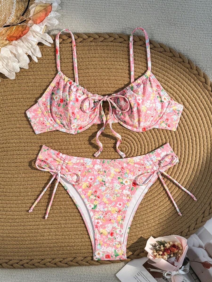 SHEIN Swim Women's Floral Print Front Tie Sexy Bikini Set For Vacation (Random Print), Underwire Design, Not Push Up Summer - Multicolor - View 1