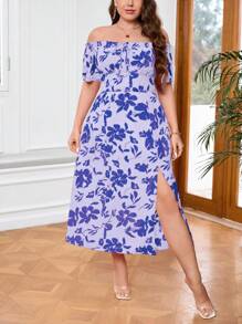 SHEIN Privé Plus Size Elegant Off-Shoulder Short Sleeve Midi/Long Dress With Random Print - Multicolor - View 6