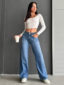 EURMUSE Low Waist Wide Leg Medium Wash - Light Wash - View 3