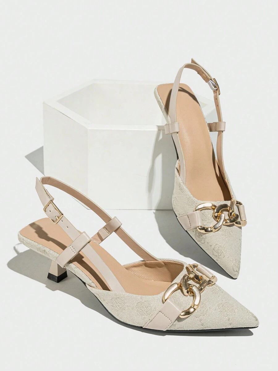 Damen Vintage Blumen Design High Heel Pumps mit Ketten Dekoration, spitzer Zehenbereich, Stilettoabsätze, Kleiderschuhe mit Knöchelriemen und eleganter weiß/beiger Farbe, geeignet für Frühling, Herbst, Outdoor, Alltag und Partys, elegant, Partyoutfits, Kitten Heels