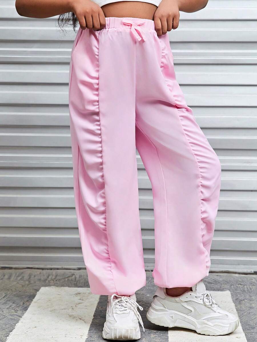 SHEIN Explorewe 女孩純色褶皺款休閒日常穿搭長褲（大童） - 粉色 - 查看 1