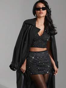 Hauture Two Pieces Rhinestone Halter Crop Top & Mini Skirt - Black - View 1