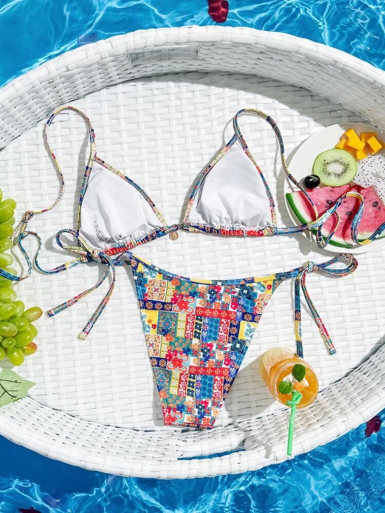 Women Triangle Bikini Top And Strap Swim Bottom Set(Random Print) Summer