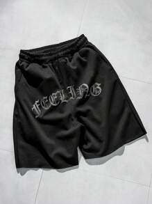 Manfinity Homme 男士字母印花休閒夏季短褲 - 黑色 - 查看 3