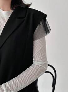 FRIFUL Women's Summer Casual Solid Color Mesh Spliced Suit Jacket Women Blazers - Black - View 10