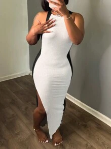 INAWLY Women's Color Block White Black Simple Daily Sleeveless Tight Bodycon Dress - Black and White - View 4