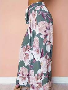 Women's Floral Print Cinched Waist Wide Leg Pants, Elastic Waist Casual Vacation Commute Elegant Fashion Trousers With Belt, Autumn