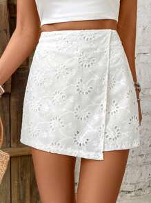 SHEIN Frenchy Women's Solid Color Hollow Embroidery Wrap Simple Casual Shorts White Summer