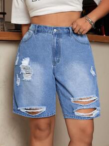 SHEIN EZwear Plus Size Distressed Fashionable Summer Denim Shorts - Blue - View 5