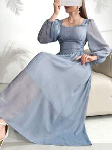 Modelyn Women's Summer Elegant Solid Color Lantern Sleeve Cinched Waist Dress - Dusty Blue - View 4