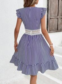 SHEIN Clasi Ladies' Blue Striped Dress With Lace Flower Patchwork And Ruffle Trim Blue Dress - Multicolor - View 2