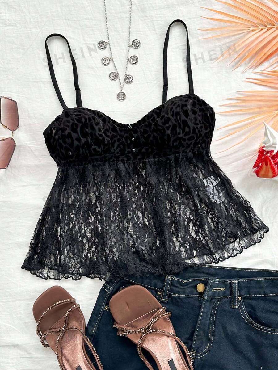 Soleia WYWH Mujeres Leopardo Impresión Terciopelo Y Encaje Empalmado Vacaciones Cami Top - Negro