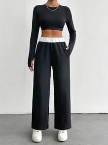 RueChic 女士寬腿褲，純色白條紋款式 - 黑色 - 查看 5