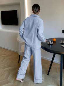 DAZY Minimalist Woven Label Decoration Long Sleeve Pajama Set With Long Pants - Blue - View 2