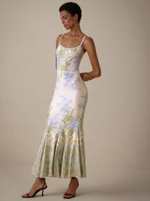 Aveloria Modichic 复古新中式紧身连衣裙，印花设计，性感优雅，收腰鱼尾下摆节日派对生日正式场合连衣裙 - 彩色 - 查看 5